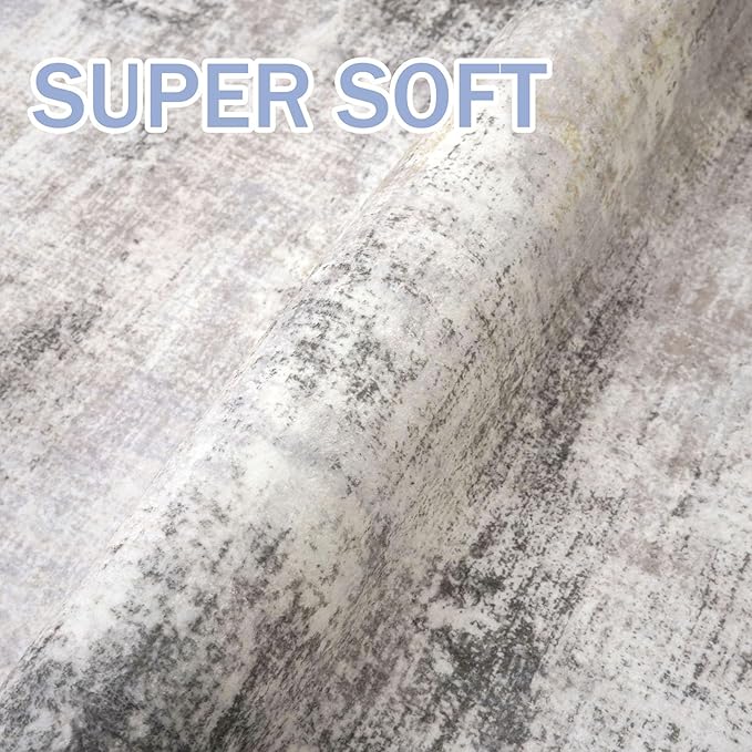 IOHOUZE Abstract Runner Rug 3x18 Ft Washable Runners for Hallways, Non Slip Kitchen Runner Printed Faux Wool Entryway Runner Indoor, Modern Abstract Floor Carpet for Hall Stair, Grey Beige