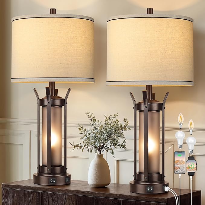 QiMH Farmhouse Table Lamps Set of 2 for Living Room, Beside Lamps for Bedroom with USB A+C Charging Ports, Rustic Nightstand Lamp with Frosted Glass Night Light, 4 Bulbs Included (Oil Rubbed Bronze)