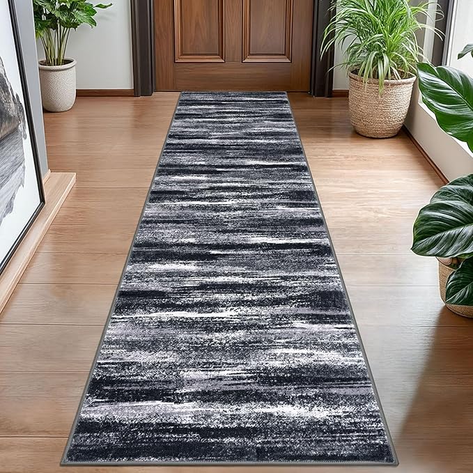 Modern Abstract Hallway Runner Rug, Black Grey Washable Entryway Runner Non-Slip Soft 2x8 Runner Rug Thin Print Faux Wool Carpet for Kitchen Bedroom Laundry Room Indoor Home Decor