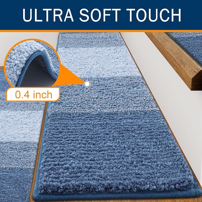 OLANLY Stair Treads Non Slip 15PCS, 8" x 30" Indoor Stair Runners for Wooden Steps, Edging Stair Rugs with Reusable Peel and Stick Adhesive for Kids Elders and Pets, Light Blue