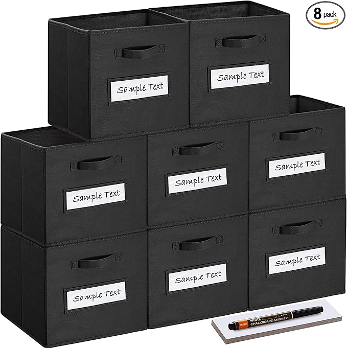artsdi 13x13x13 storage cube bins(Set of 8) Fabric storage cubes with 8 Labels Window Cards & a Pen,storage cubes 13x13,storage bin,Collapsible 13 inch cube storage bins,Cubby Organizer Boxes,Black