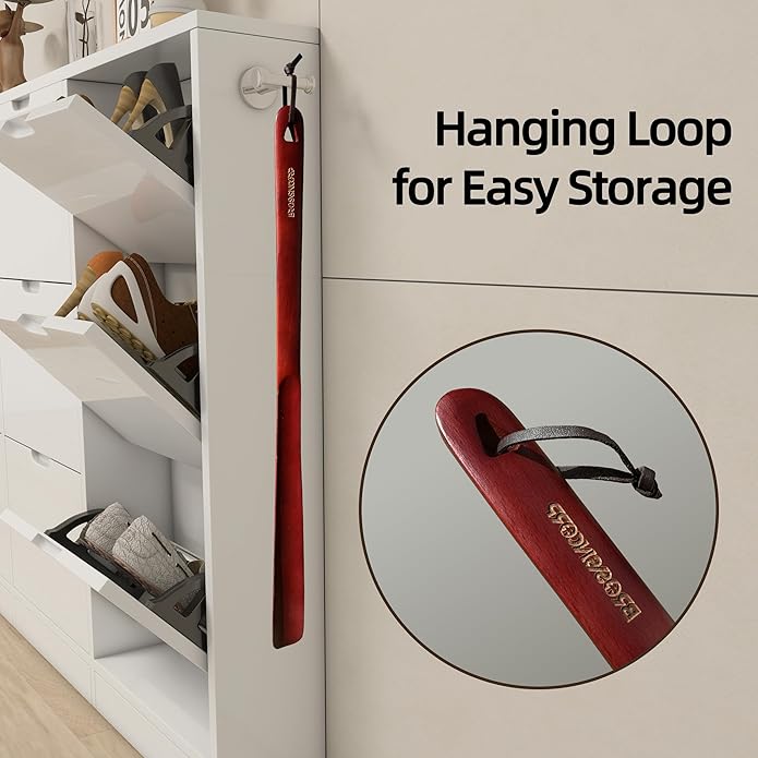 Wooden Shoe Horn Long Handle For Seniors 23.6" Easy Wear Helper Shoehorns Women Kids Baby Elderly Hanging Rings