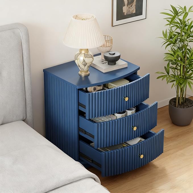 Grooved Wood End Table with 6 Drawers, Curved Edge Storage Side Table, Six Drawer Nightstand Compact Sofa Bedside Table for Bedroom, Living Room and Small Spaces, Blue X2