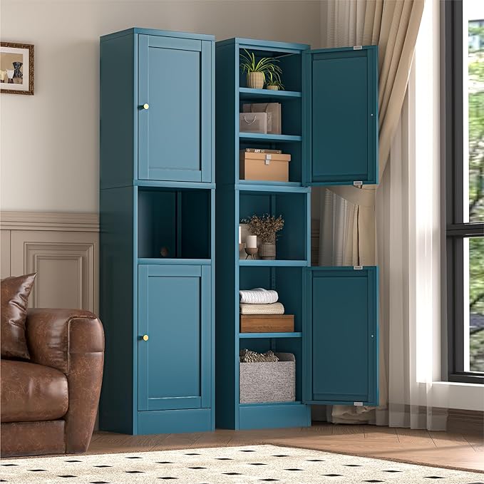 2-Door Metal Storage Cabinet, Tall Slim Pantry Organizer with 3 Adjustable Shelves (120LBS/Shelf), Anti-Tipping Waterproof Cabinet for Bathroom/Kitchen/Home Office/Small Spaces,(1PC,Blue)