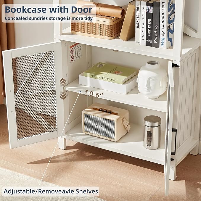 5 Tier Bookshelf 70" Tall Bookcase with Barn Doors,Large Farmhouse Display Book Shelf with Adjustable Shelves and Storage Cabinet，Library Wood Bookshelves for Living Room,Kitchen,White(3PCS)