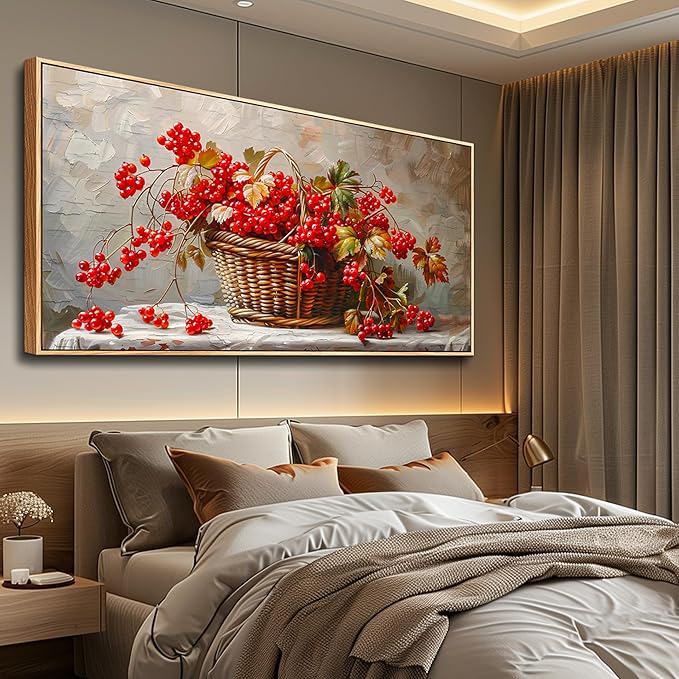 PHAOHUAXM Large Canvas Wall Art For Living Room Restaurant Wall Decor For Office Bedroom Abstract Red Fruit Mural Wooden Frame Printing Picture Artworks Wall Painting Modern Home Decoration 30"X60"