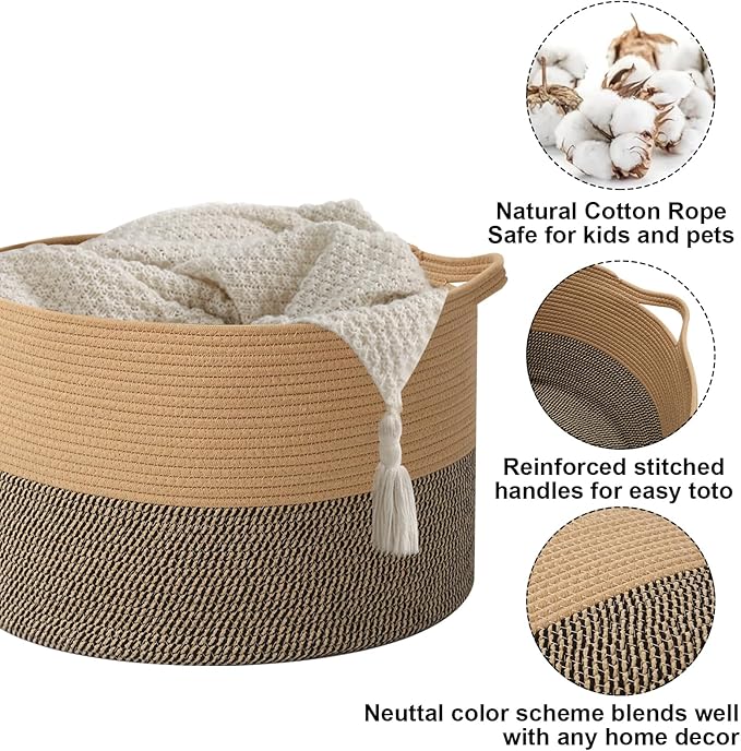 Large Storage Basket with Handle,19.7" L x 19.7" W x 13" H Blanket Basket Storage Bins for Organizing,65L Cotton Rope Woven Baskets for Living Room, Nursery ,Bedroom,Jute&Black