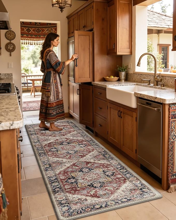 DEXI Kitchen Floor Mats Anti Fatigue, 23x86 Large Long Cushioned Vintage Runner Rug Waterproof, Standing Comfort Memory Foam Padded for Front Sink Laundry Office, Beige and Red
