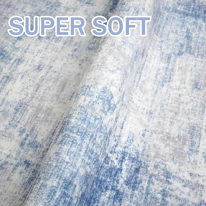 IOHOUZE Abstract Area Rugs 9x12 Ft Washable Large Rugs for Living Room, Non Slip Dining Room Rug, Printed Faux Wool Rugs for Bedroom, Floor Carpet for Office Nursery Playroom, Light Blue White