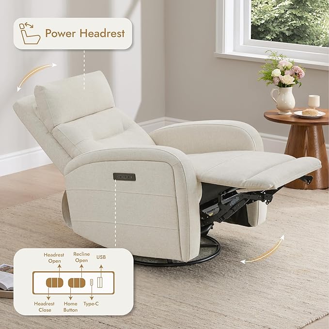 Watson & Whitely Swivel Power Recliner with Adjustable Headrest, Recliner Chairs for Adults, Small Glider Rocker for Living Room, Fabric in Linen