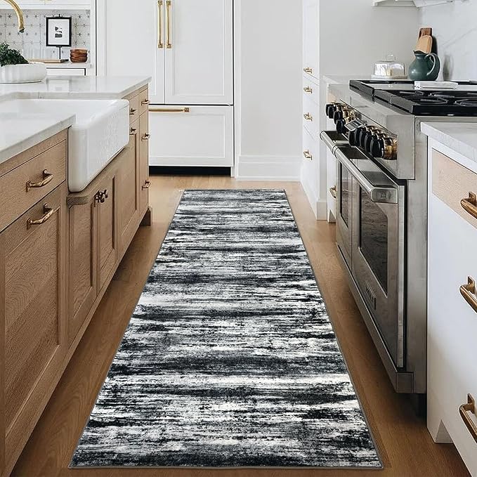 KOZYFLY Modern Abstract Hallway Runner Rug, 2.6x8 Washable Rug Runner Non-Slip Soft Striped Kitchen Runner Rugs, Black Navy Blue Grey Carpet Runner for Entryway Bathroom Laundry Room Foyer