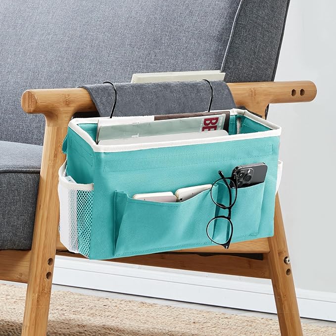 YOUDENOVA Bedside Caddy with 5 Pocket, Bedside Storage Organizer for College, Dorm Bed, Bunk Bed, Green