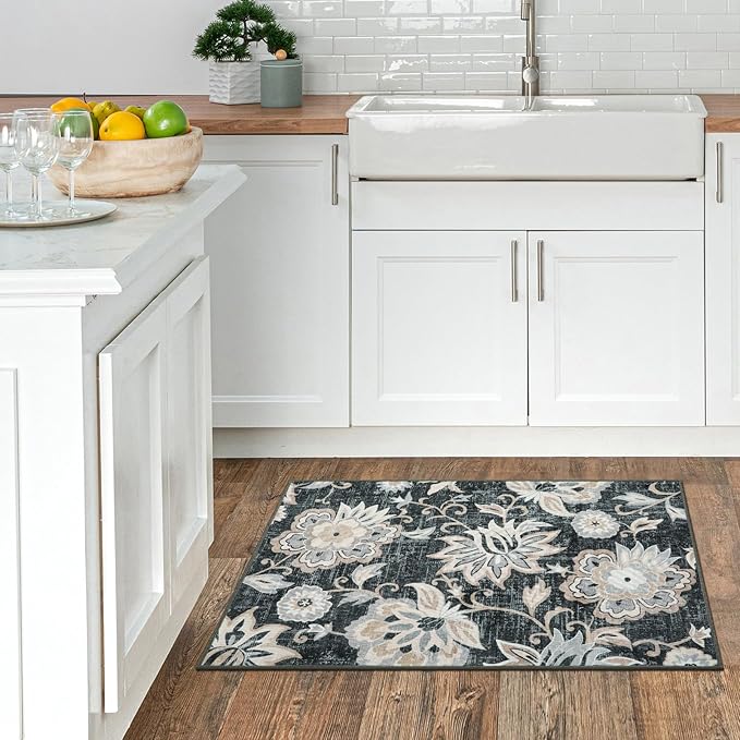Beeiva Floral Entry Rug 2x3, Washable Kitchen Non Slip Entry Rugs for Inside House, Ultra Thin Vintage Doormat Non-Shedding Small Carpet for Bedroom Entryway Bathroom