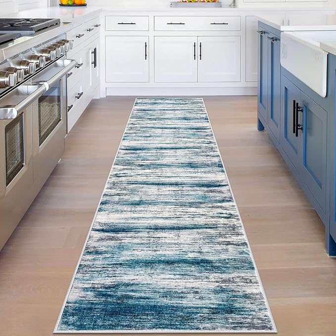KOZYFLY Modern Abstract Runner Rug, 2x8 Kitchen Rugs Non-Slip Washable Soft Striped Hallway Runner Rugs, Print Blue Carpet Runner for Entryway Bathroom Laundry Room Foyer