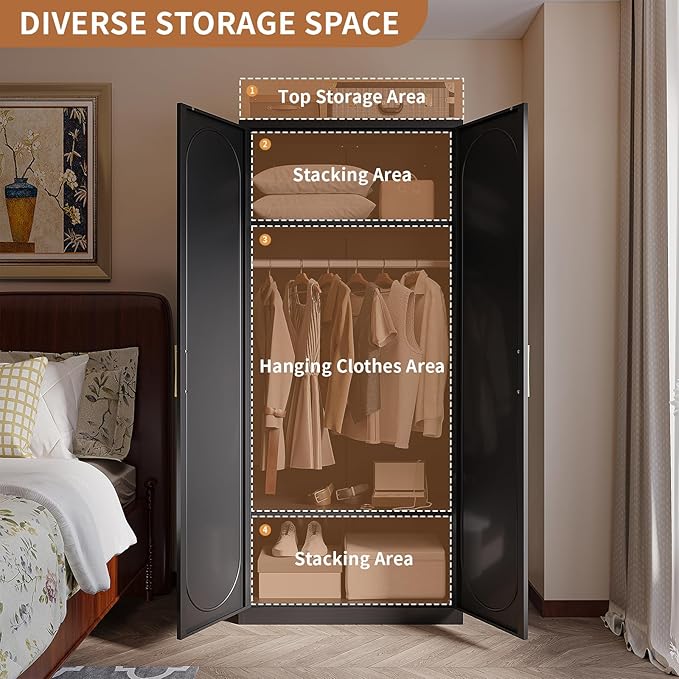 Metal Armoire Wardrobe Closet with Doors and Shelves, 71" Tall Wardrobe Closet with Hanging Rod, Freestanding Clothes Cabinets, Large Wardrobes for Bedroom, Home Office, Employee, Black