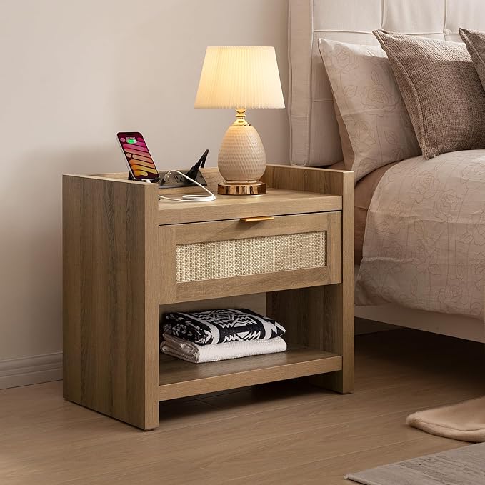 SICOTAS Night Stand Bed Side Table - Rattan Nightstand with Type-C Charging Station,Drawer Storage End Table - Boho Bedside Night Stands for Bedroom - Natural Oak