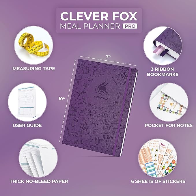 Clever Fox Meal Planner PRO – Weekly Meal Prep Journal with Grocery List & Weigh Loss Tracker – Diet, Fitness & Welness Log Book – Nutrition Diary Notebook – Lasts 12 Months, 7x10” (Purple)