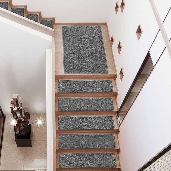 PURE ERA Carpet Stair Treads Tape Free Non Slip Indoor Stair Carpet Stair Protectors Pet-Friendly Non-Slip Skid Resistant Washable Reusable 8" x 30"(14 Pieces,Dark Gray)