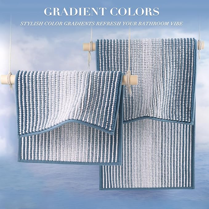 BSICPRO Bathroom Rugs Sets 3 Piece, Toilet Rugs U-Shaped Contour Bath Mat Set, Striped Absorbent Non Slip Chenille Shower Mat, Fog Blue