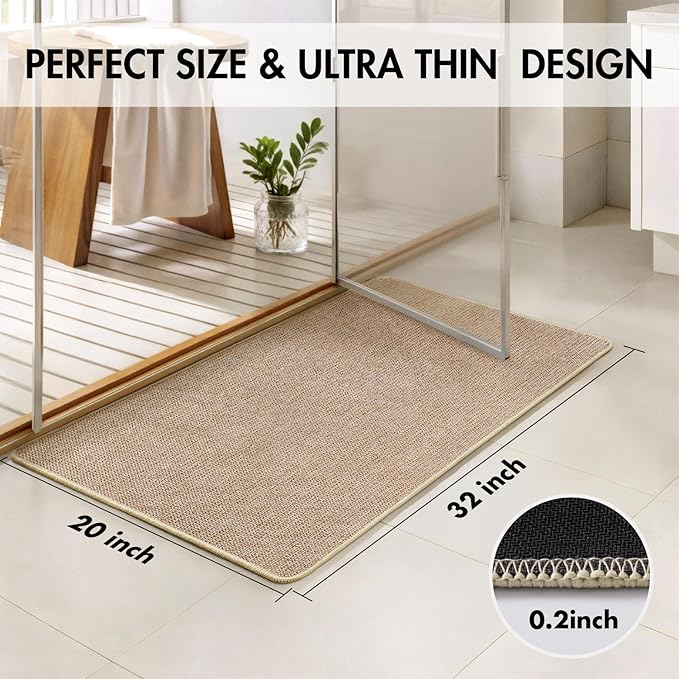 MIULEE Set of 2 Ultra Thin Bathroom Rugs, Rubber Bath Mats for Bathroom Non Slip, Quick Dry Absorbent Bath Rug Machine Washable, Fit Under Door, Shower, Sink, Home Decor, Beige, 20x32 Inch