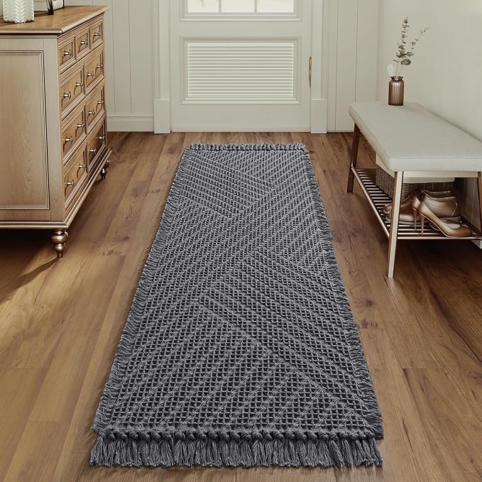 H.VERSAILTEX Waffle Bath Runner Rug Long Bath Mat Super Absorbent Boho Bath Rugs Non Slip Bath Runner for Bathroom Floor Machine Washable Dry Fast Bathroom Rugs with Tassels, 24" x 72", Gray