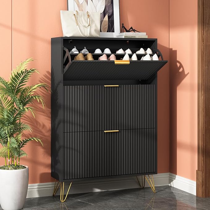 Shoe Storage Cabinet with 3 Flip Drawers, 31.5" W Fluted Shoe Cabinet for Entryway, Hidden Shoe Cabinet Storage, Narrow Free Standing Shoe Orgnaizer Rack Cabinet for Foyer Hallway, Black