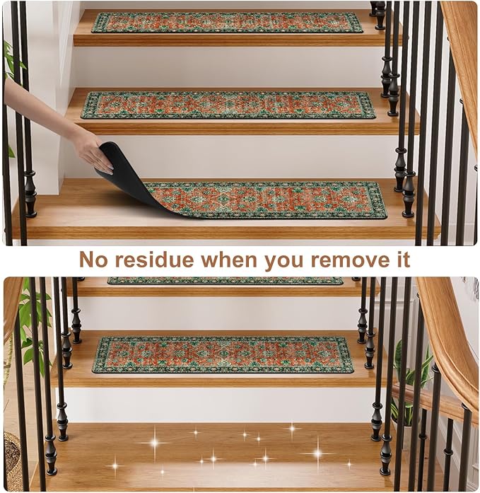 OJIA Vintage Stair Treads Non-Slip Stair Runners for Wooden Steps Indoor 15PCS 30"x8" Carpet Stair Treads Stair Mats Staircase Step Treads for Kids, Elders and Dogs, Stair Covers, Red