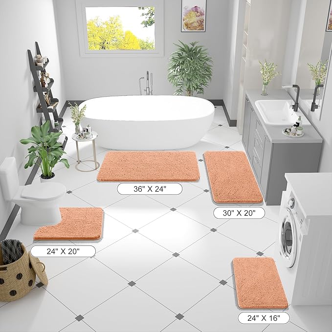 OLANLY Bathroom Rugs 24x16, Extra Soft Absorbent Chenille Bath Rugs, Rubber Backing Quick Dry, Machine Washable Bath Mats for Bathroom Floor, Tub and Shower, Home Decor Accessories, Peach