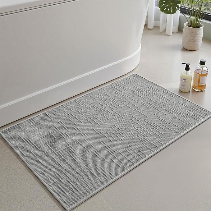 AMOAMI Bath Mat Non Slip Super Absorbent Quick Dry Bath Mats for Bathroom Floor Rubber Backing Washable Bathroom Rugs Modern Woven Jacquard Mat, Beside Tub Bath Rugs, 17" x 24", LightGrey