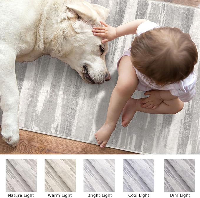 Modern Abstract Entryway Rug Indoor 2x3 Neutral Washable Non-Slip Soft Small Area Rug Light Beige and Grey Kitchen Mat Thin Print Faux Wool Floor Carpet for Entrance Bedroom