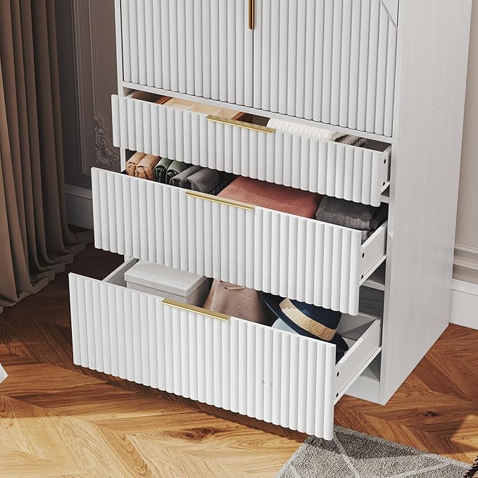 71.7" Wardrobe Armoire Wooden Closet with 2 Doors and 3 Drawers, Bedroom Armoire with Hanging Rod Shelf, Large Capacity Storage Wardrobe Armoire, Freestanding Wooden Closet Storage Cabinet White