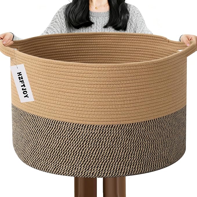 Large Storage Basket with Handle,19.7" L x 19.7" W x 13" H Blanket Basket Storage Bins for Organizing,65L Cotton Rope Woven Baskets for Living Room, Nursery ,Bedroom,Jute&Black