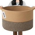 Large Storage Basket with Handle,23.6" x 23.6" x 15.7" Blanket Basket Storage Bins for Organizing,65L Cotton Rope Woven Baskets for Living Room, Nursery,Bedroom,Jute&Black