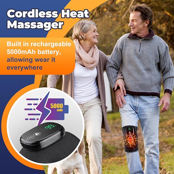 YUANBO Cordless Electric Heated Knee Massager, 3-in-1 Heated Knee Massager with Heat for Knee Elbow Shoulder Wrap with 3 Vibration & Heating Modes