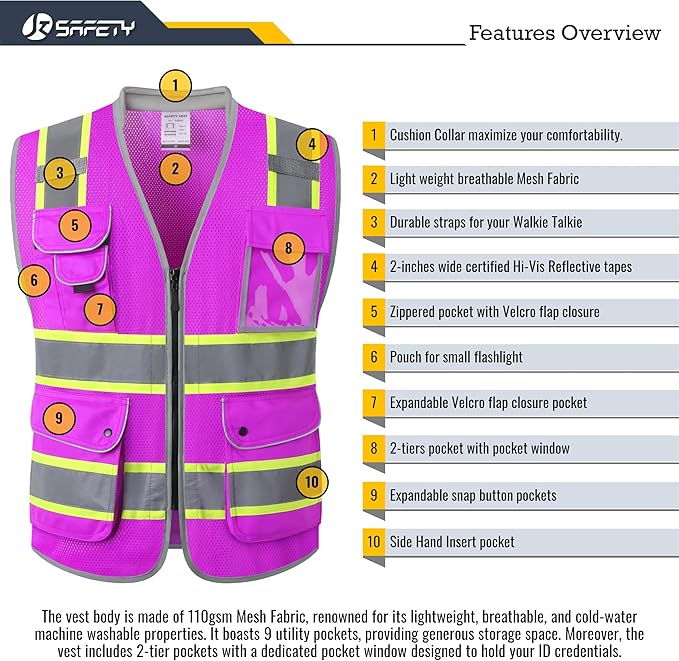 JKSafety 9 Pockets Hi-Vis Safety Vest High Visibility Reflecitive Mesh Safety Vests for Men and Women Cushioned Collar Work Utility PPE Work Gear ANSI/ISEA compliant(101-Purple XL)