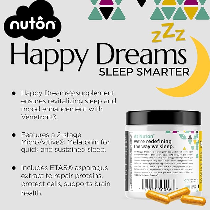 Nuton Happy Dreams Natural Sleep Aid Supplement & Cellular Vitality - Melatonin Sleep Aid for Adults, Time Release Formula with ETAS Asparagus, L-Serine and Venetron Extract, 60 Veggie Capsules
