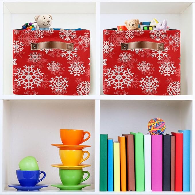 Christmas White Snowflakes on Red Storage Basket Cube Storage Bins Organizer Bag Collapsible Closet Shelf Baskets with handle for Cloth Book 14.2×10.2×8.3 IN