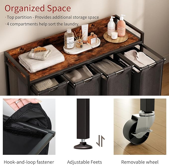 Laundry Hamper with Shelf, Laundry Basket 4 Section, Laundry Sorter with Pull-Out Removable Large Bags and Movable Wheels, Metal Frame, 4 x 15.87 Gallons (60L), Rustic Brown + Black PF07XLY