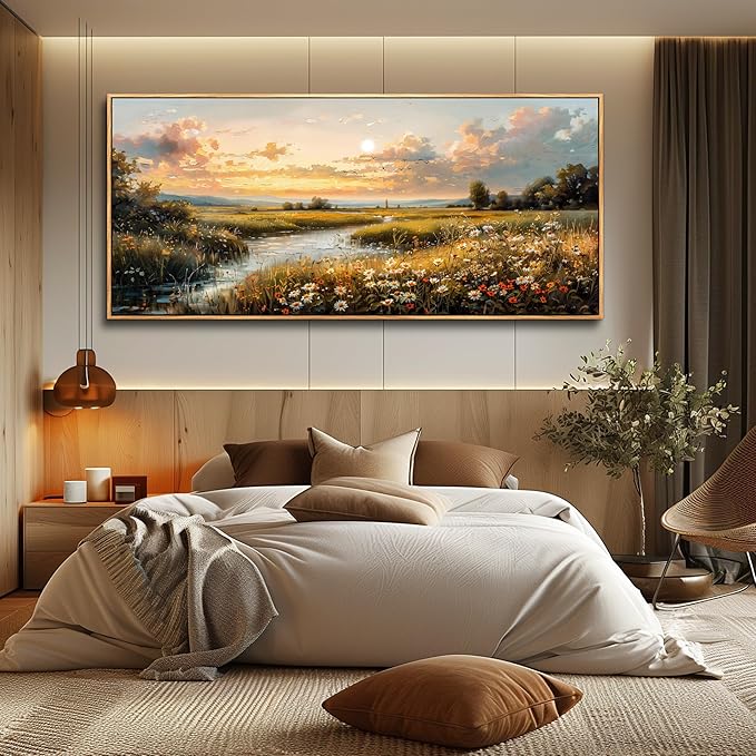 FUHAIHUA Wood Framed Canvas Wall Art For Living Room Large Wall Decor For Office Bedroom Decorations Sunset Landscape Pictures Farmhouse Painting Artwork Room Wall Mural Aesthetic Home Decor 32x72 In