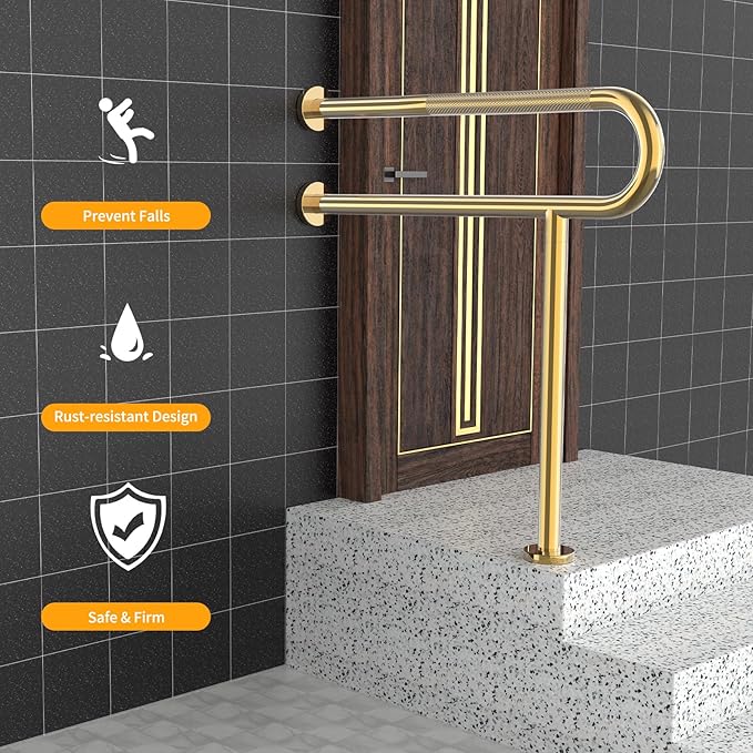 Toilet Grab Bar 31.3 Inch with Leg, YuanDe Wall Mounted Safety Bar, Brushed Gold Stainless Steel Anti-Slip Bathroom Support Rail for Elderly, Disabled, Handicap, Seniors, Injury Recovery