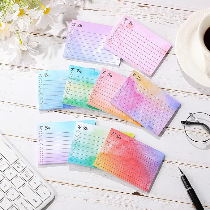 Pajean 9 Pcs/450 Sheet to Do List Sticky Note 3x4 Inch Self Stick Pads with Line Colored Planner Sticky Note Adhesive Memo for Office, Meeting, School, Study, Home Reminder (Watercolor)