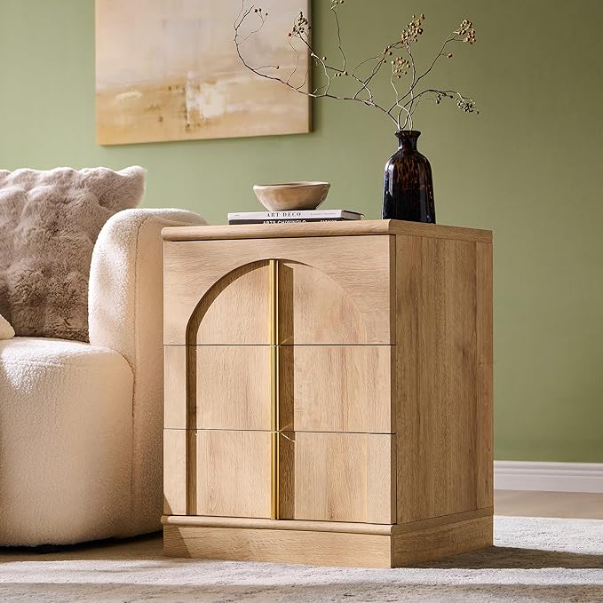 ACCOHOHO Modern Night Stand Set 2 with Arched Panel, 18" Nightstand with Charging Station, Side Table with 3 Storage Drawers, Wood Square Bedside End Table for Bedroom Living Room, Natural Oak