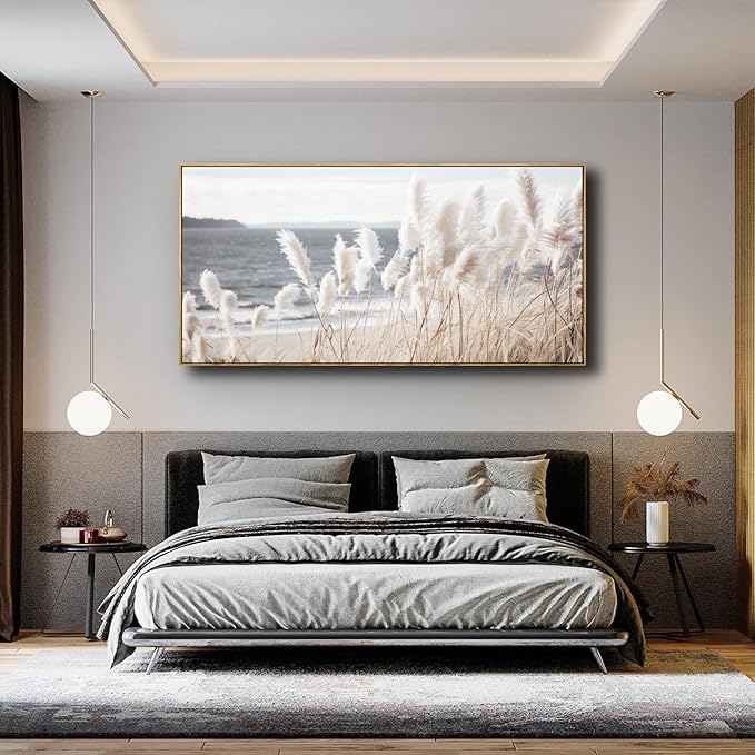 Framed Wall Art Artwork Decor Nature Canvas Painting ReedSeascape Wall Decor for Bedroom Living Room Decoration Home Kitchen Office 24" x 48"