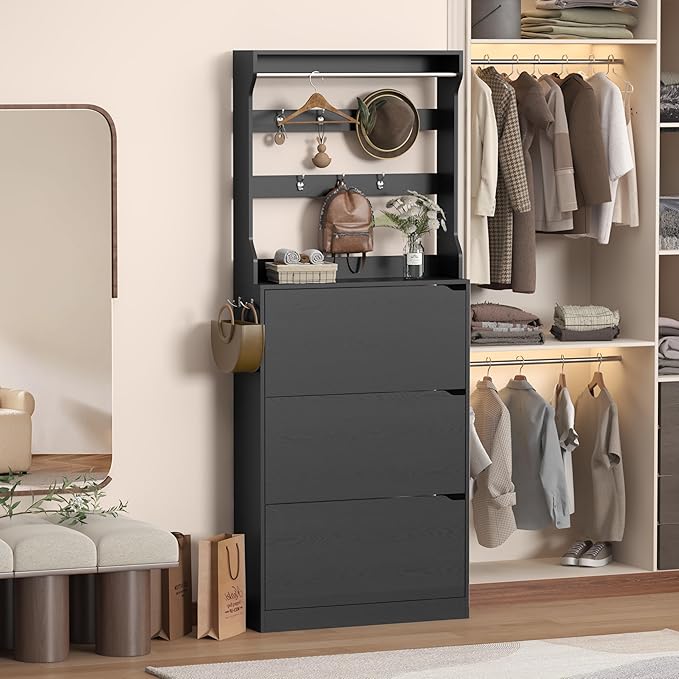 Tall Shoe Cabinet with Coat Rack, Hidden Shoe Storage Cabinet with Doors & Drawer, Hanging Bar & Hooks, Slim Narrow Freestanding Shoe Rack Organizer for Entryway, Hallway & Living Room, Black