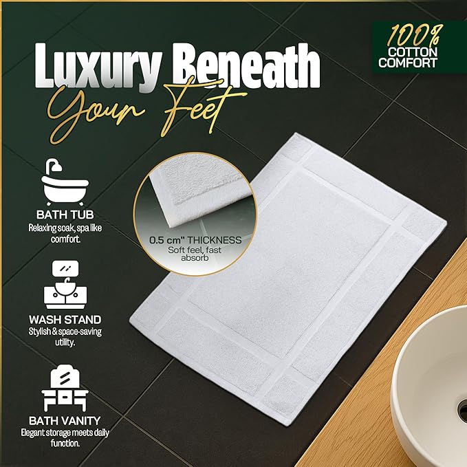 Pearl Linens Pack of 2 100% Cotton Bath Mat 20x30 inches, Soft & Absorbent Quick Dry Bathroom Mat Set, Not Bathroom Rugs, After Shower Mat, Bath Tub Mat, 687 GSM, Machine Washable, White
