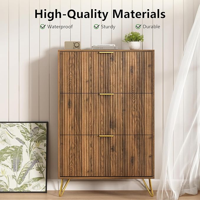 Shoe Storage Cabinet with 3 Flip Drawers, 31.5" W Fluted Shoe Cabinet for Entryway, Hidden Shoe Cabinet Storage, Narrow Free Standing Shoe Orgnaizer Rack Cabinet for Foyer Hallway, Natural