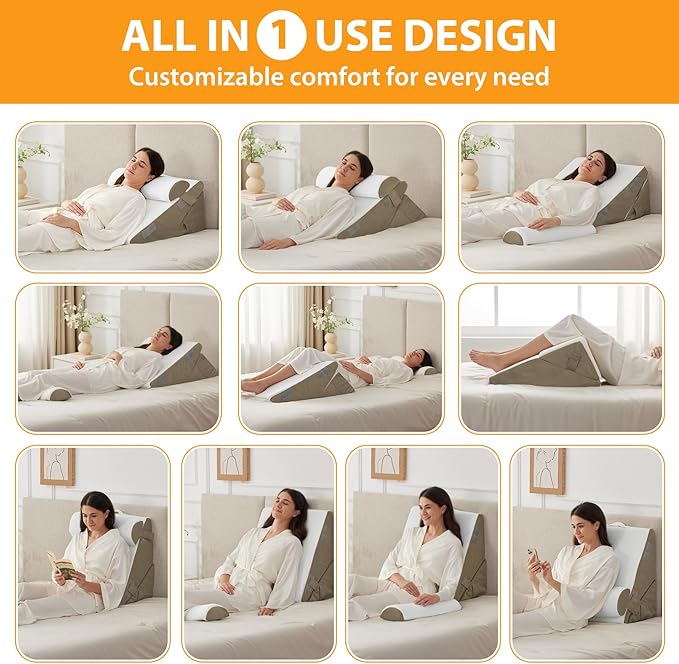 3PCS Wedge Pillow Set for After Surgery, Adjustable 9&12 Inch Bed Wedge Pillow for Sleeping, Incline Pillow Wedge for Headboard, Post Surgery, Acid Reflux, Neck&Back Support, Brown