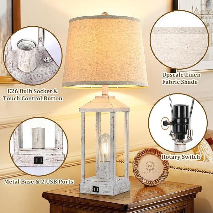28" Bedside Table Lamp for Living Room, 3-Way Dimmable Touch Control Retro Nightstand Desk Lamp with 2 Light, White Rustic Farmhouse Lamp with USB Ports for Bedroom, Home, Office, 2 Bulbs Included