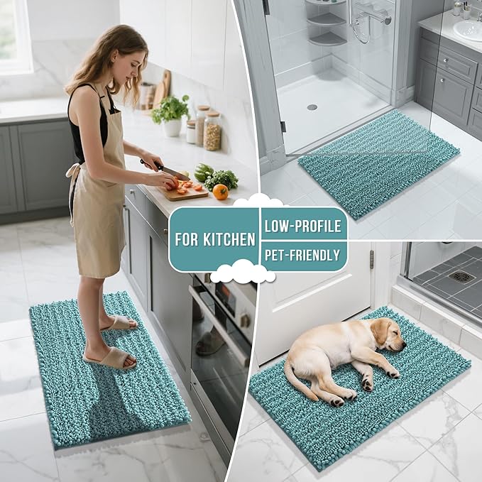 Yimobra Bathroom Rugs Non Slip Washable 24x17 Inch - Ultra Soft Absorbent Chenille Bath Mat, Quick Dry Shaggy Floor Carpet for Tub Shower, Teal Blue Home Decor Accessories