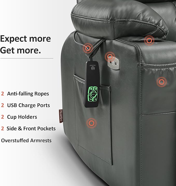 MCombo Dual Motor Power Lift Recliner Chair for Elderly, Lay Flat Lift Chair with Heat and Massage, Cup Holders, USB Ports, Faux Leather 7890 (Grey, Medium)